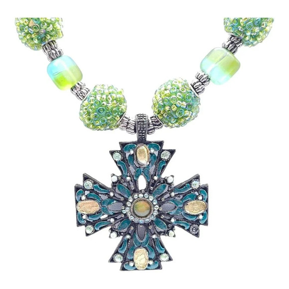Statement Cross Pendant Ball Beaded Necklace Green Toggle Closure Vintage - Picture 2 of 7